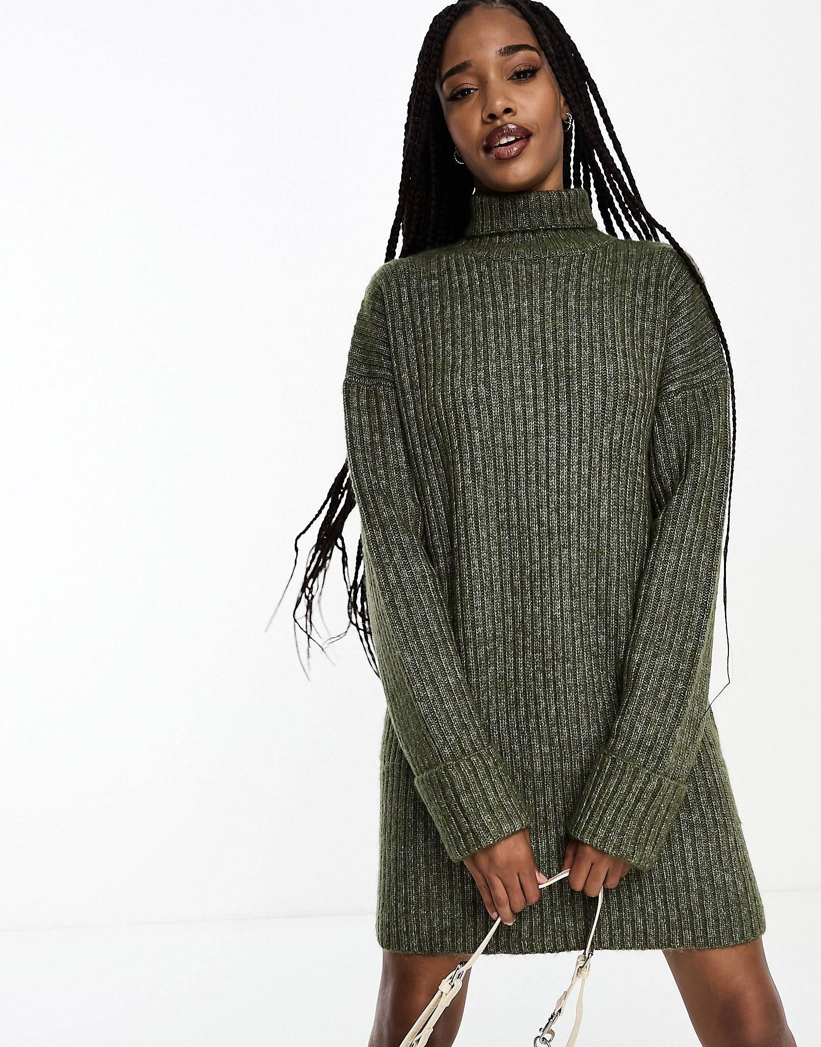 ASOS DESIGN Tall knitted sweater mini dress with high neck in khaki | ASOS (Global)