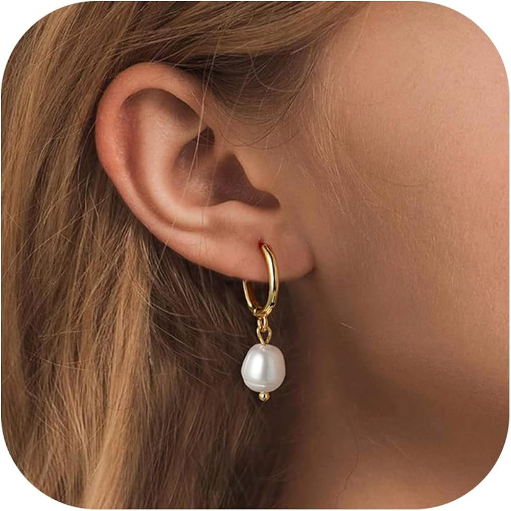 Pearl Drop Earrings for Women, 14k Gold Pearl Dangle Earring Hypoallergenic Dangling Round Pearls... | Amazon (US)