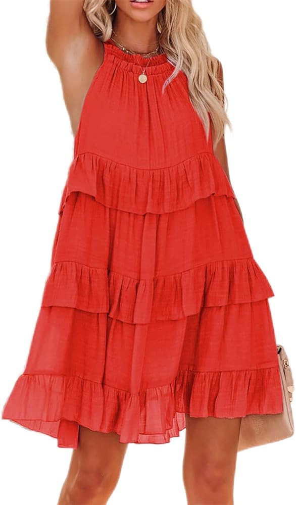 R.Vivimos Women's Summer Dress Boho Sleeveless Halter Layered Ruffle Casual Swing Mini Dress with... | Amazon (US)