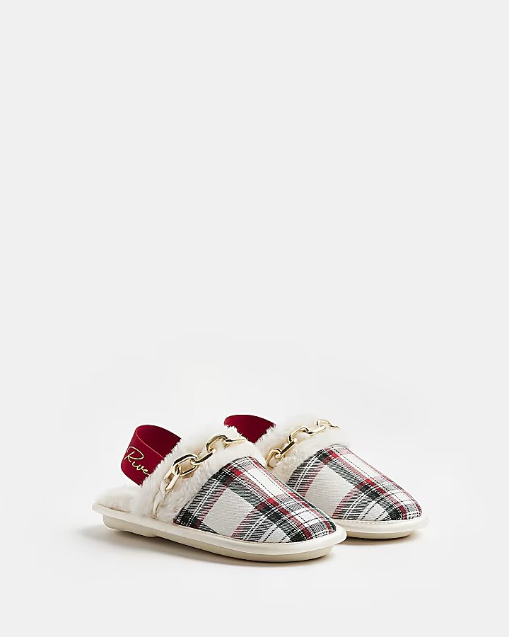 Girls Red Faux fur chain Tartan Slippers | River Island (UK & IE)