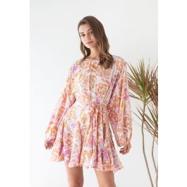 Rose Painting Bubble Sleeves Frilling Dress | Chicwish