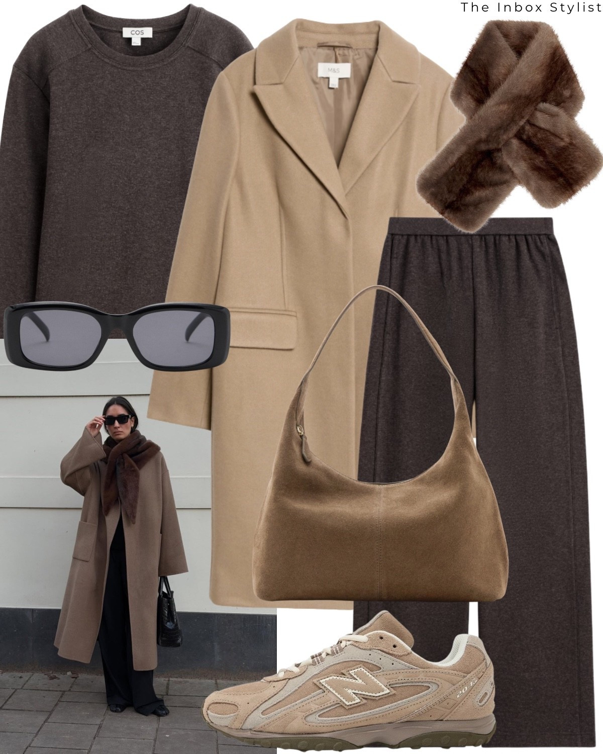 Laid back but still elevated! 

Including brown tailored coat, brown knit top, brown knit trousers, brown loungewear, fur scarf, suede handbag, brown trainers, black sunglasses  

#LTKwinter #LTKuk #LTKstyletip