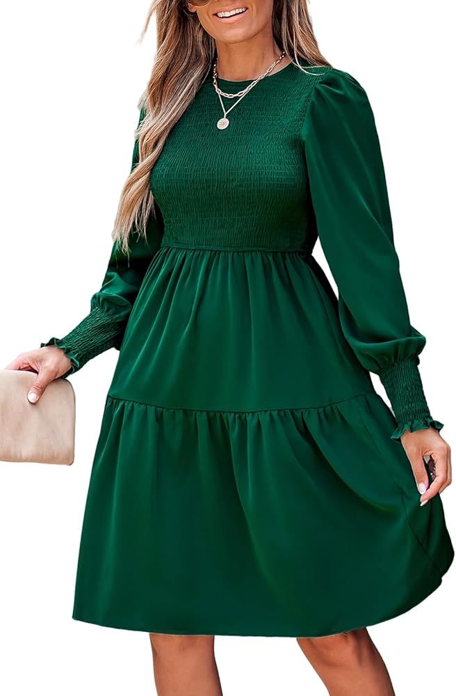 CUPSHE Women's Round Neck Emerald Green Smocked Long Sleeve Mini Dress Ruffled Hem Casual A Line ... | Amazon (US)
