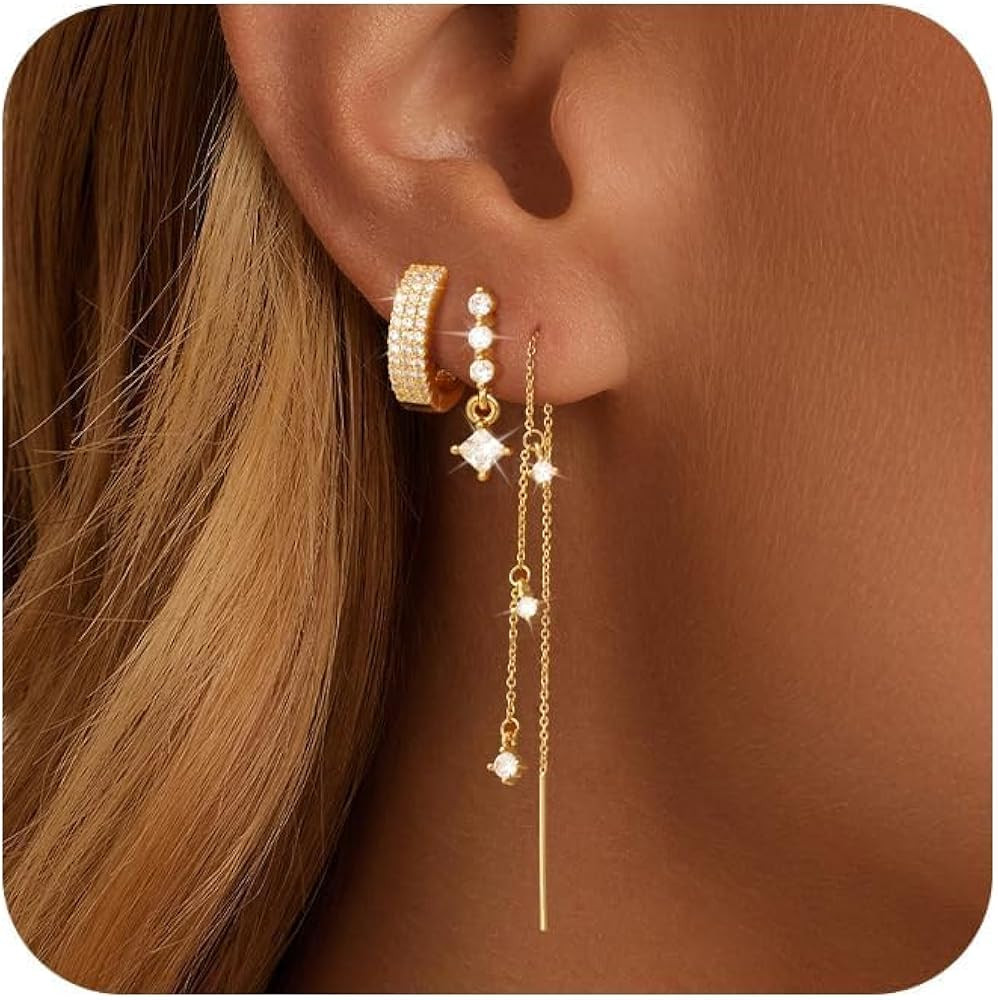 NECOCY Christmas Gift 14K Gold Plated Chain Earrings for Women 3/4 Pairs Dangle Dainty Stack Hoop... | Amazon (US)