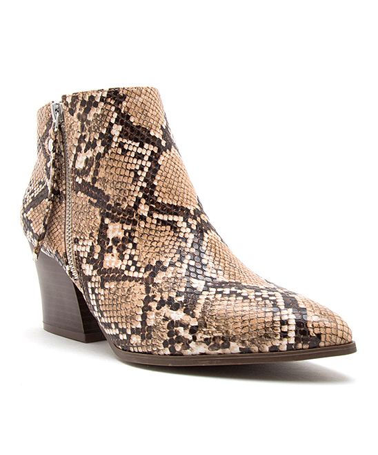 Qupid Women's Casual boots BEIGE/BWN - Beige & Brown Snakeskin Print Zip-Up Nava Bootie - Women | Zulily