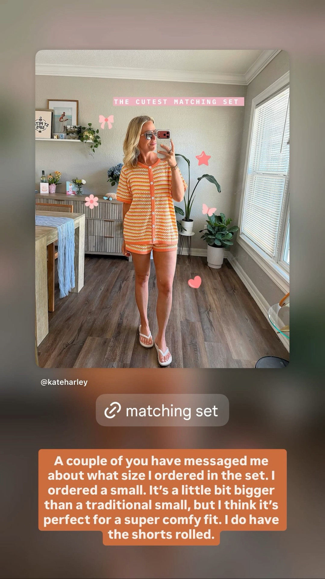 A couple of you have messaged me about what size I ordered in the set. I ordered a small. It’s a little bit bigger than a traditional small, but I think it’s perfect for a super comfy fit. I do have the shorts rolled.