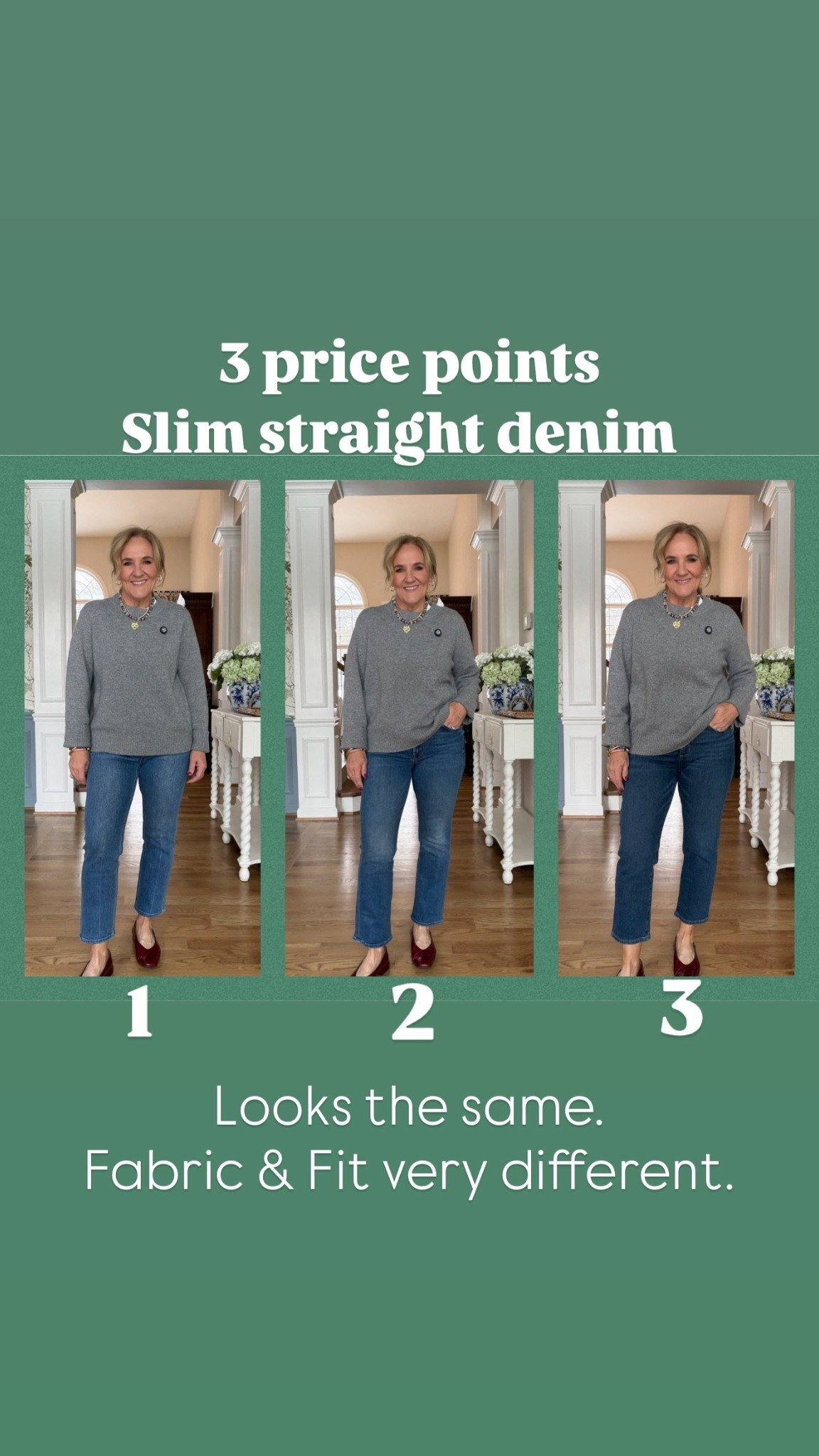Three pair of slim straight denim three different price points. 
1 These are mother jeans and I’m wearing a size 30 petite. I do think they’re the best pair but they’re also the most expensive. These give the right amount of softness stretch and support. I did size up to a 30 petite
2 these are quince Luna wearing size 29 inseam 26 there’s some stretch the denim is not as soft as the mother jean 
3 by loft a stuffer denim with 1% spandex wearing a 29 petite I think the regular would fit me better 

Quince cashmere, crewneck size medium
Wearing a white tea underneath size sized up two size sizes to an XL
20% off my jewelry code NANETTE20 unless it’s on the warehouse sale  

#LTKPetite #LTKootd #LTKOver40