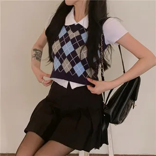 Short-Sleeve Button-Up Shirt / Argyle Cropped Sweater Vest / Pleated Mini A-Line Skirt | YesStyle Global