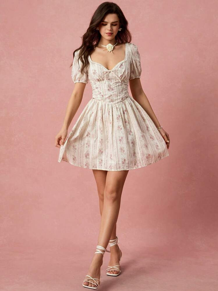 Enchnt Spring/Summer Romantic Women's Apricot Floral Print Sweetheart Collar Tie Front Puff Sleeve Cute Princess Mini Dress,Sweet&Elegant For Vacation&Date&Holiday&Party&Graduation&Wedding Guest&Beach&Boho Chic,Prom Dress,Summer Dresses For Women,Sun Dresses For Women,Summer Clothes | SHEIN