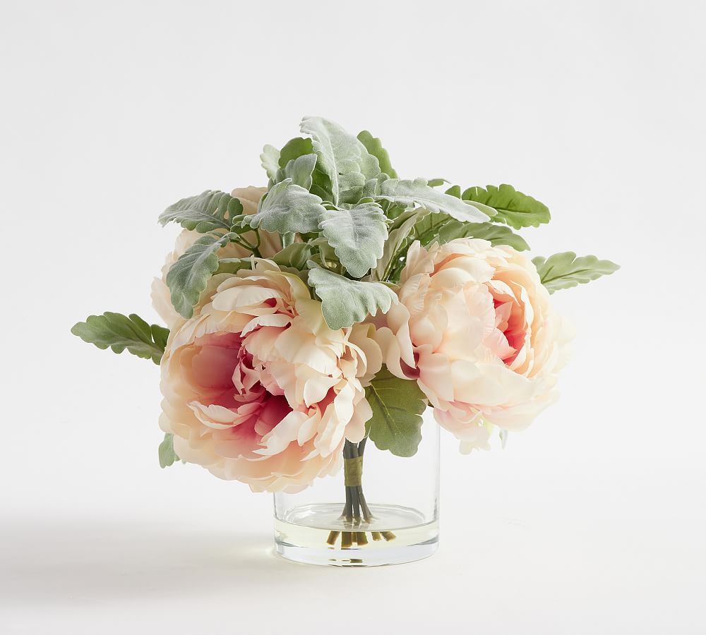 Faux Peony Composed Arrangement in Glass Vase | Pottery Barn (US)