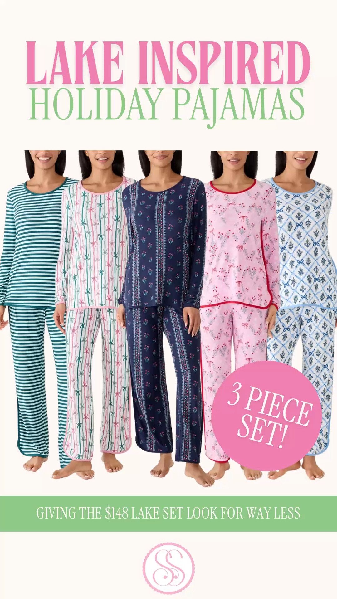 Holiday pajamas women | LAKE pajamas look for less | 3 piece pajama set | plus size Christmas pajamas

The $148 LAKE Pima Bundle look, with the prettiest preppy holiday prints and a much smaller price tag. These brand new pajaamas come with THREE pieces: a long-sleeve top, matching shorts AND pants.

One set, two ways to wear it. Choose shorts for warmer nights or pants for Christmas morning, holiday movie marathons and December weekends at home.

The crewneck, contrast trim and easy silhouette give them that classic LAKE inspired look. Pink and green bows, festive prints, blue and white, and stripes make choosing a favorite the difficult part.

Available in plus sizes too, and such a pretty holiday gift for women who love colorful, preppy sleepwear.

Shop the new prints below and get your Christmas pajamas picked out early.

holiday pajamas women, Christmas pajamas women, women’s Christmas pajama sets, holiday pajama sets, LAKE pajamas look for less, LAKE inspired pajamas, LAKE Pima Bundle look for less, Crown and Ivy pajamas, Belk pajamas women, 3 piece pajama set women, pajamas with shorts and pants, long sleeve pajama set, plus size Christmas pajamas, plus size holiday pajamas, pink Christmas pajamas, bow print pajamas, pink and green pajamas, striped pajamas women, preppy pajamas, festive sleepwear women, Christmas morning pajamas, holiday loungewear women, affordable Christmas pajamas, Christmas gifts for women

#LookForLess #PreppyStyle #HolidayPajamas #LakePajamas #ChristmasPajamas #BelkFinds #LTKHoliday

#LTKSeasonal #LTKSaleAlert #LTKHome