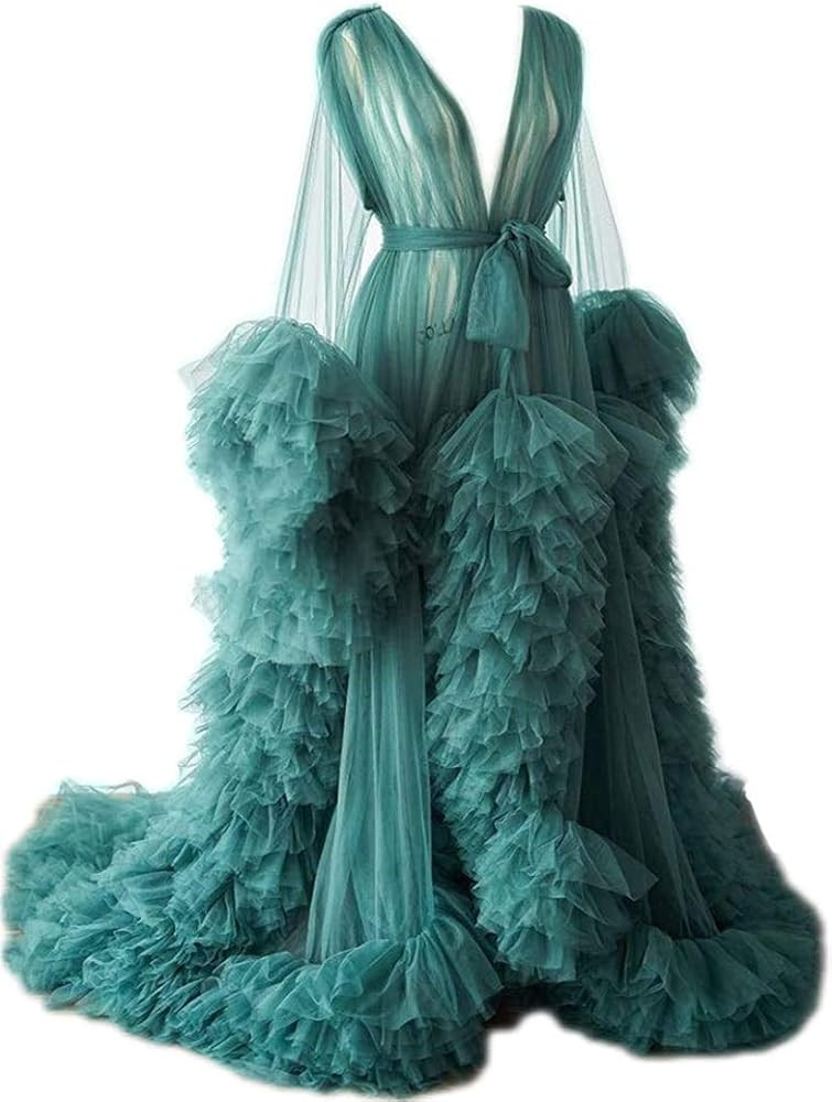 Ladies Dressing Gown Perspective Sheer Long Robe Puffy Tulle Robe Sheer for Maternity Photoshoot | Amazon (US)