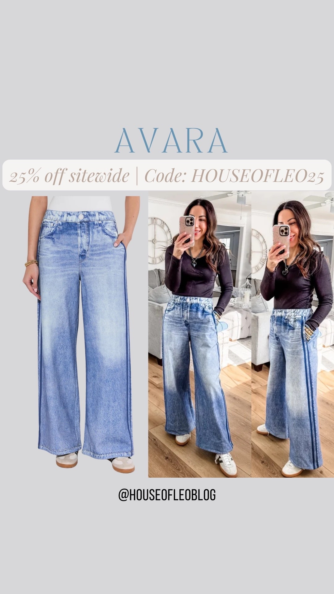 Code de: HOUSEOFLEO25 for 25% off sitewide at Avara. Wearing small lounge jeans. Track jeans. Sweatpants jeans. Sweatpant jeans 

#LTKSaleAlert #LTKPetite #LTKOver40