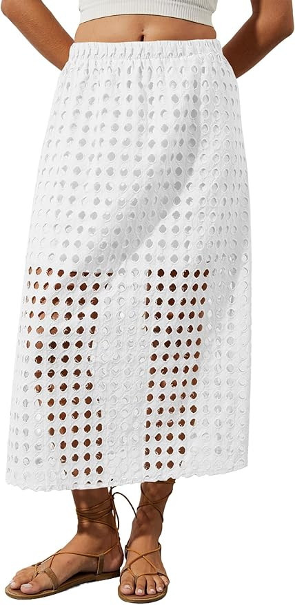 2025 Summer Casual Long Skirt for Women Hollow Out Midi Skirt Eyelet Beach Skirt | Amazon (US)