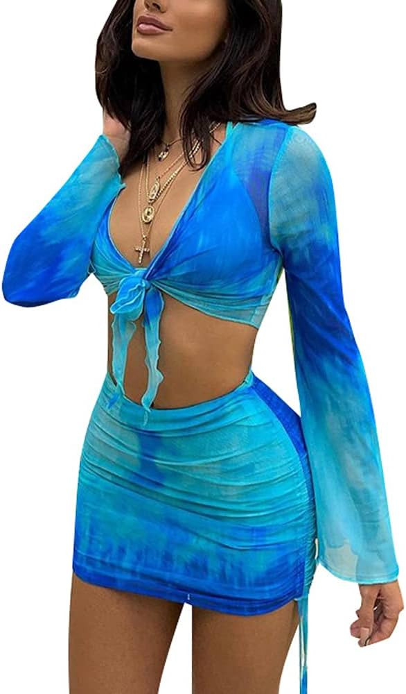 SHESEEWORLD Women's Sexy Long Sleeve 2 Pieces Sheer Mesh Cover Up Dress Crop Top Bodycon Ruched Y... | Amazon (US)