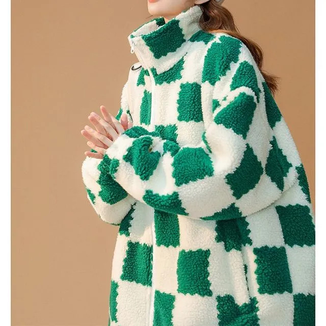 Ninine - Stand Collar Checker Fleece Zip Jacket | YesStyle | YesStyle Global