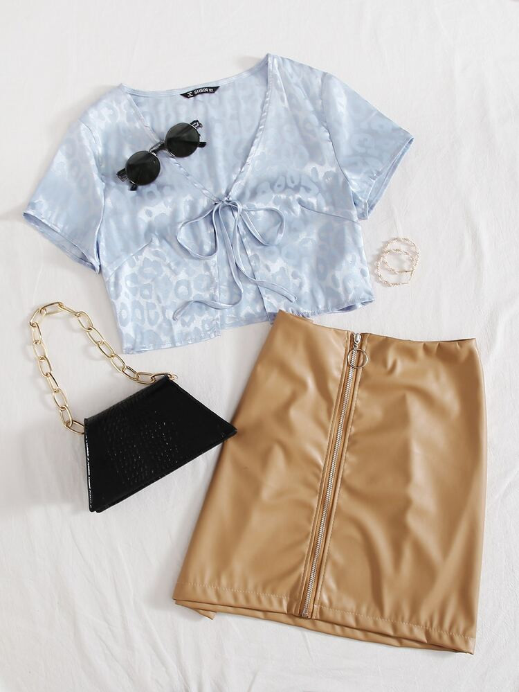 SHEIN Tie Front Leopard Satin Crop Top | SHEIN