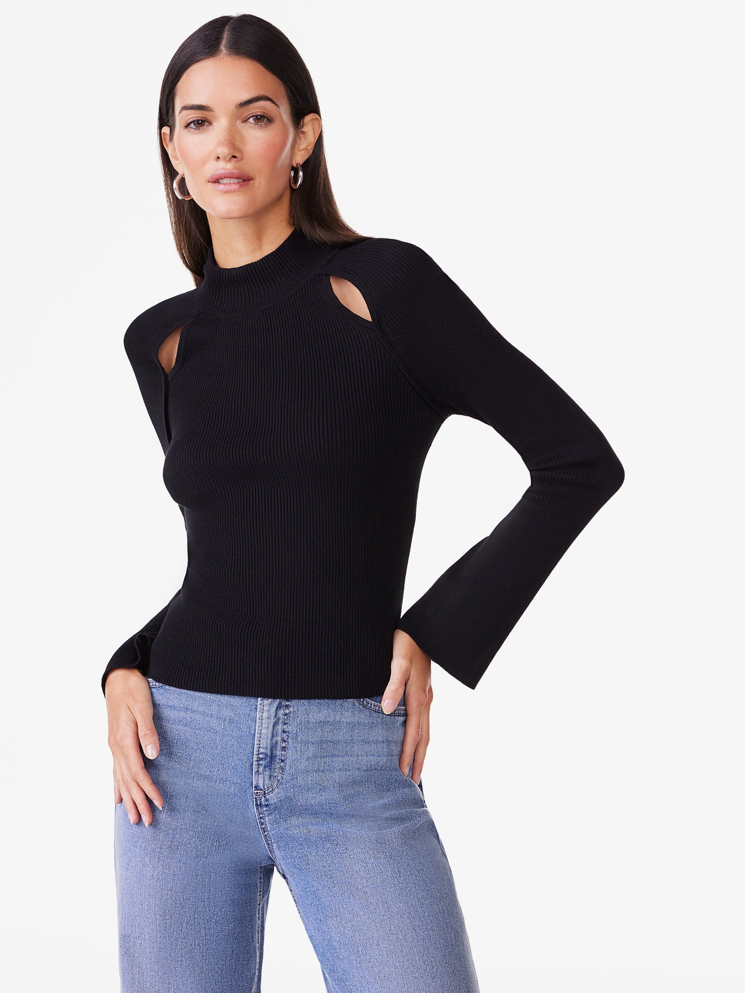 Scoop Women’s Long Cut Out Rib Knit Sweater with Long Sleeves, Sizes XS-XXL | Walmart (US)