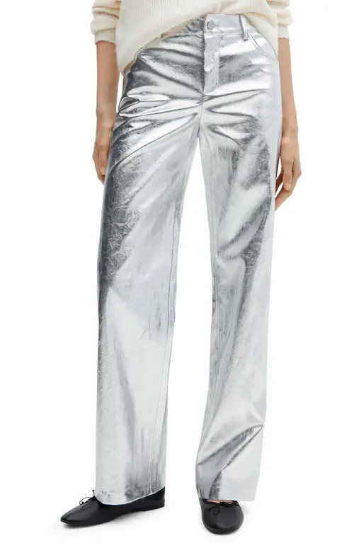 MANGO Metalllic Wide Leg Pants in Silver at Nordstrom, Size 2 | Nordstrom