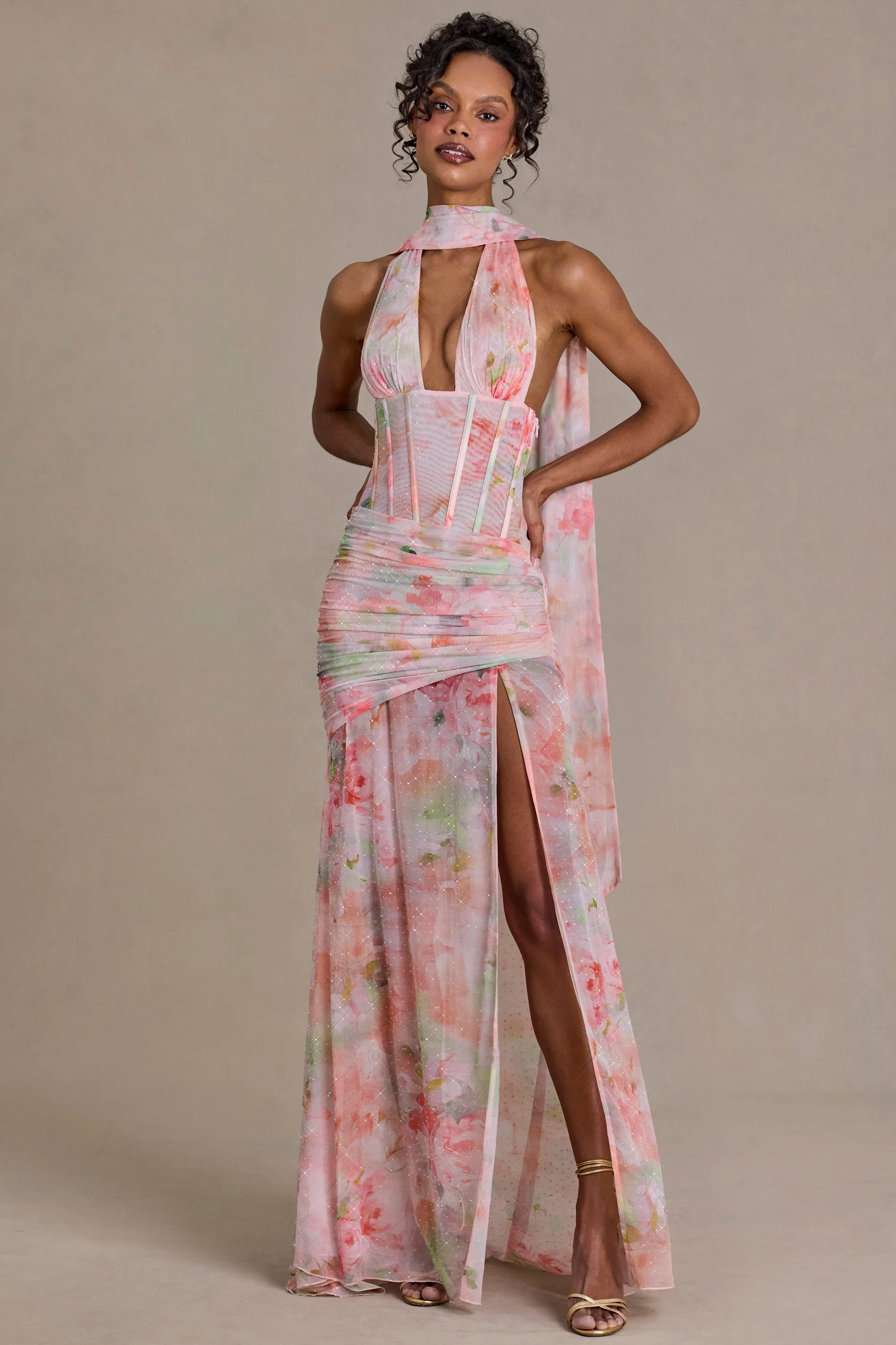 Embellished Scarf-Detail Maxi Dress in Pink Floral Print | Oh Polly