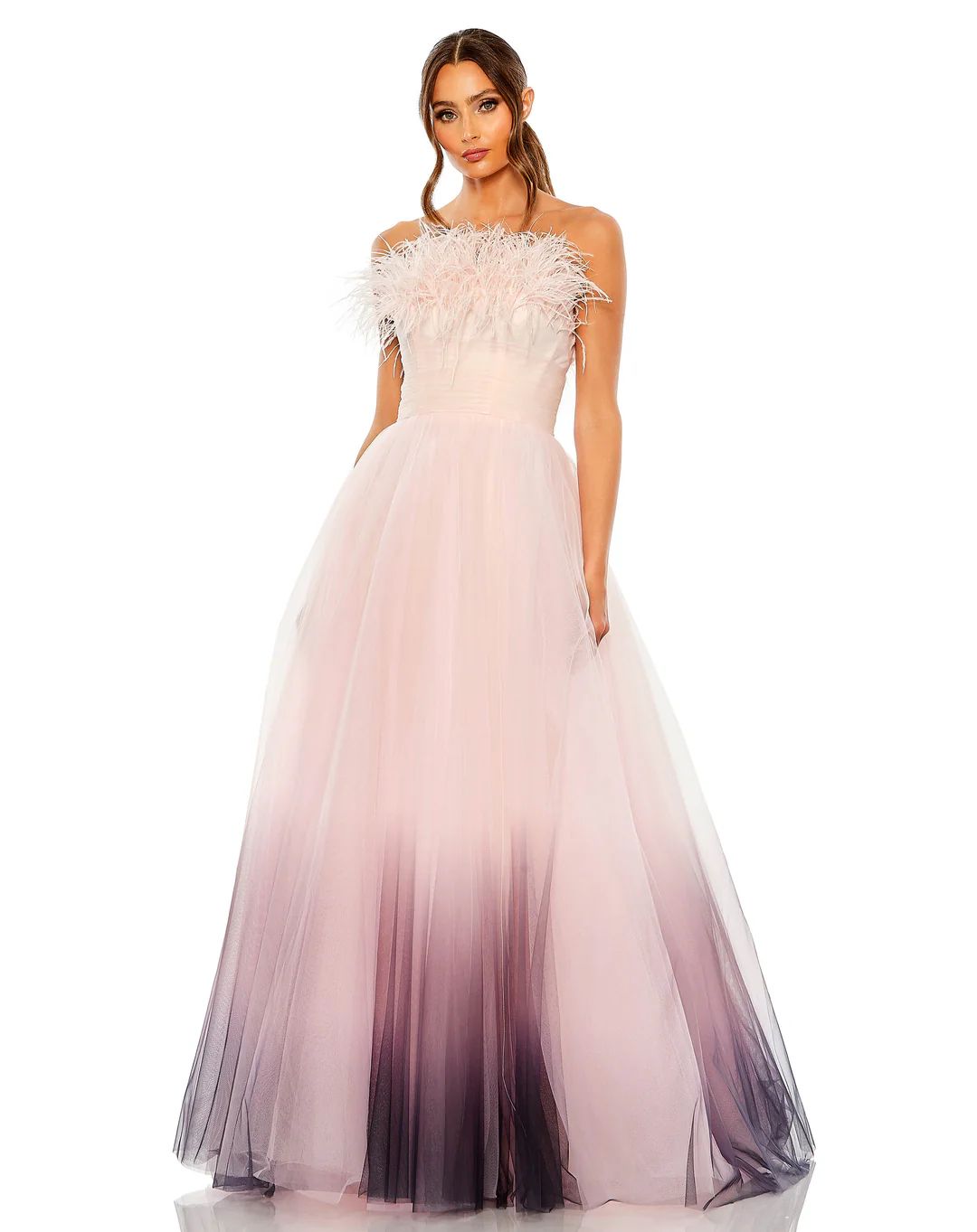 Strapless Feather Bodice Tulle Gown | Mac Duggal
