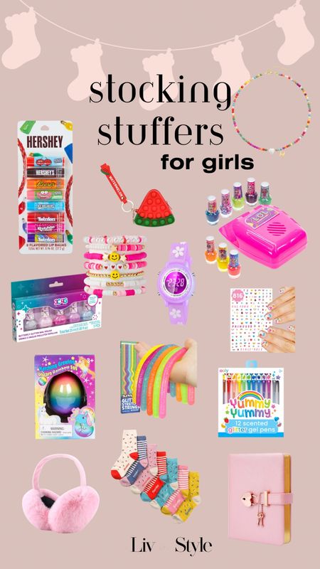 Stocking stuffer ideas for girls! Key chains, nail polish and stickers, lip smackers, fidget toys, watch, jewelry, pens, socks, earmuffs 

#LTKSeasonal #LTKGiftGuide #LTKHoliday