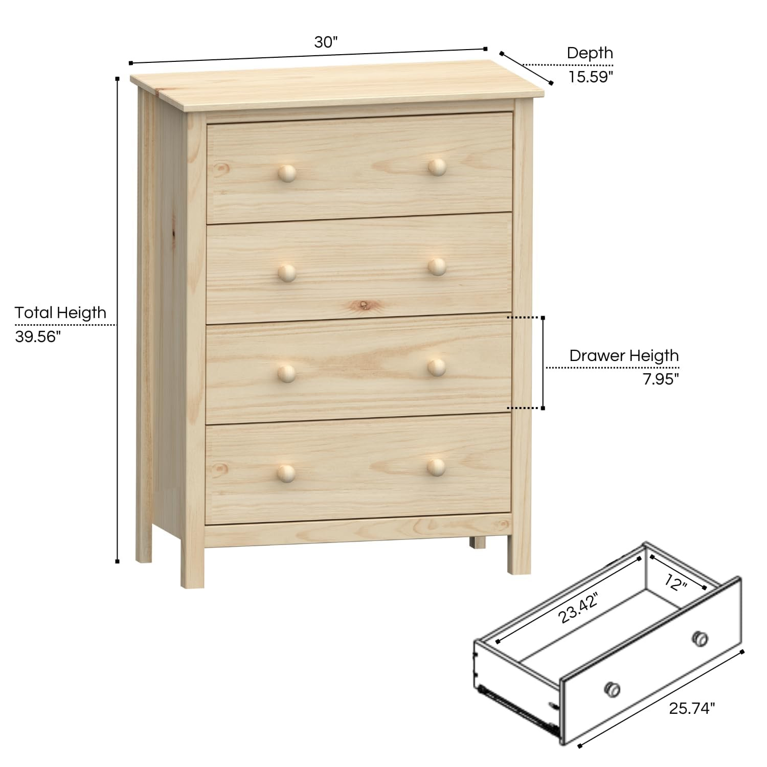 30" Solid Wood 4-Drawer Chest (Unfinished) – Perfect for Bedroom, Closet, or Living Room with A... | Amazon (US)