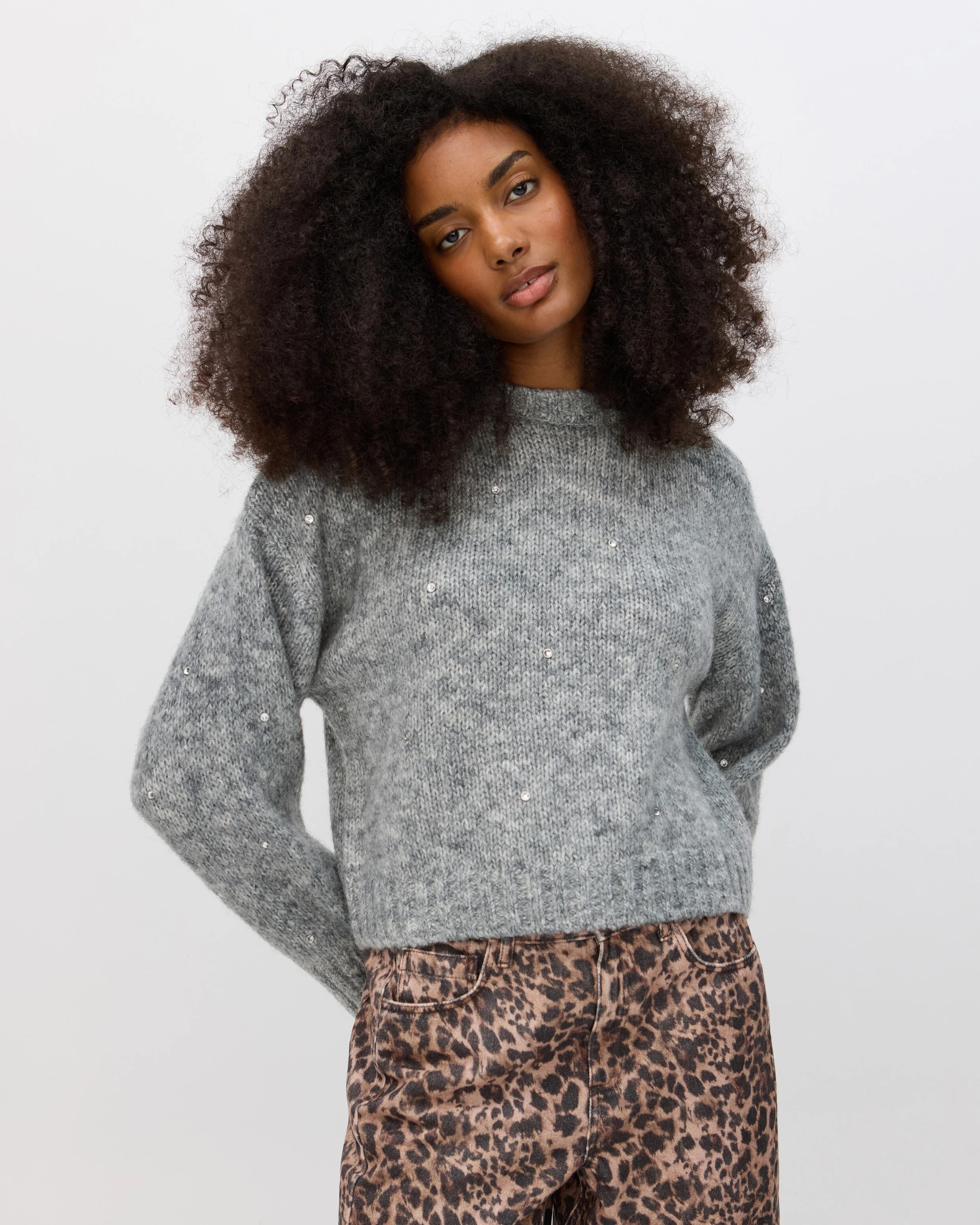 Grey Marl Studded Crew Neck Knitted Jumper, size 12 | Oliver Bonas (Global)