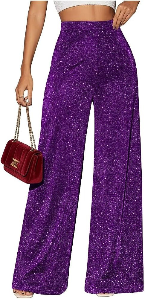 Sparkly Glitter Womens Pants Dressy Casual Pants for Women Shiny High Waisted Wide Leg Trousers | Amazon (US)