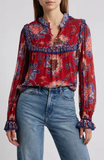 FARM Rio Luang Long Sleeve Popover Top in Red at Nordstrom Rack, Size X-Small | Nordstrom Rack