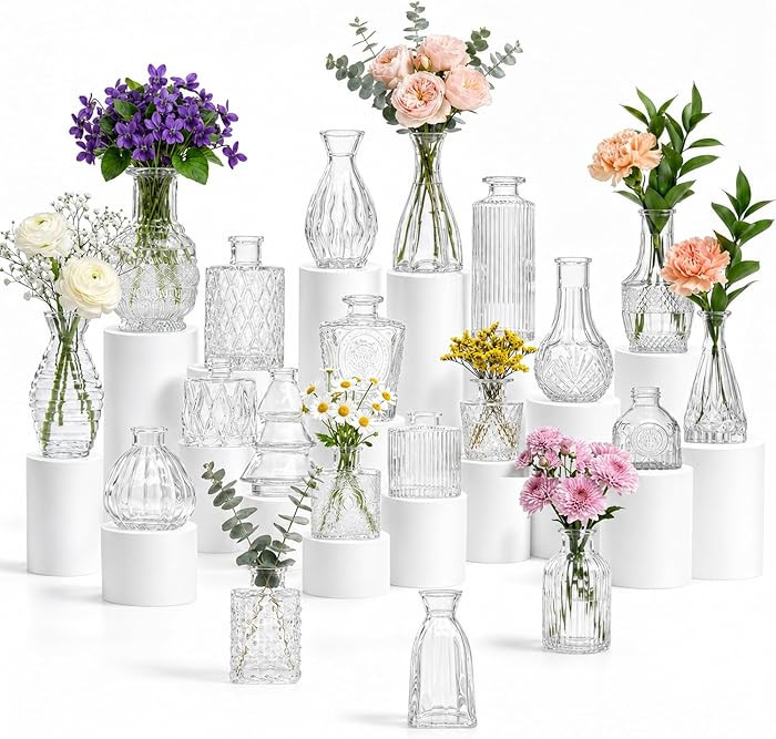 20 Pcs Clear Glass Bud Vases, Small Vintage Bud Vase Set for Flowers, Mini Glass Vases for Center... | Amazon (US)