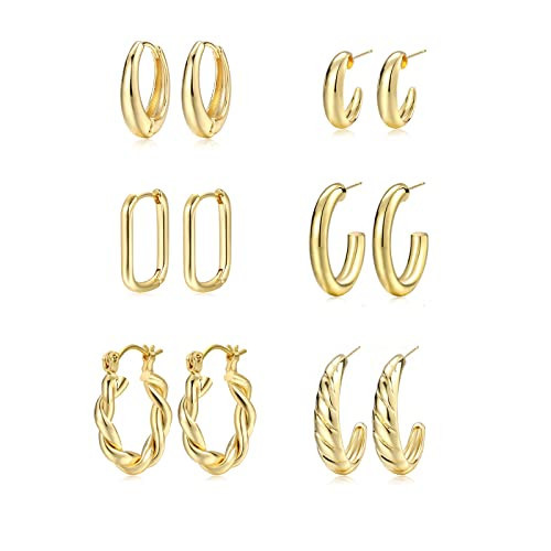 Hoop Earrings Set for Women, 6 Pairs 14K Gold Plated Lightweight Hypoallergenic Chunky Open Twisted Hoops Earrings Pack Jewelry | Amazon (US)