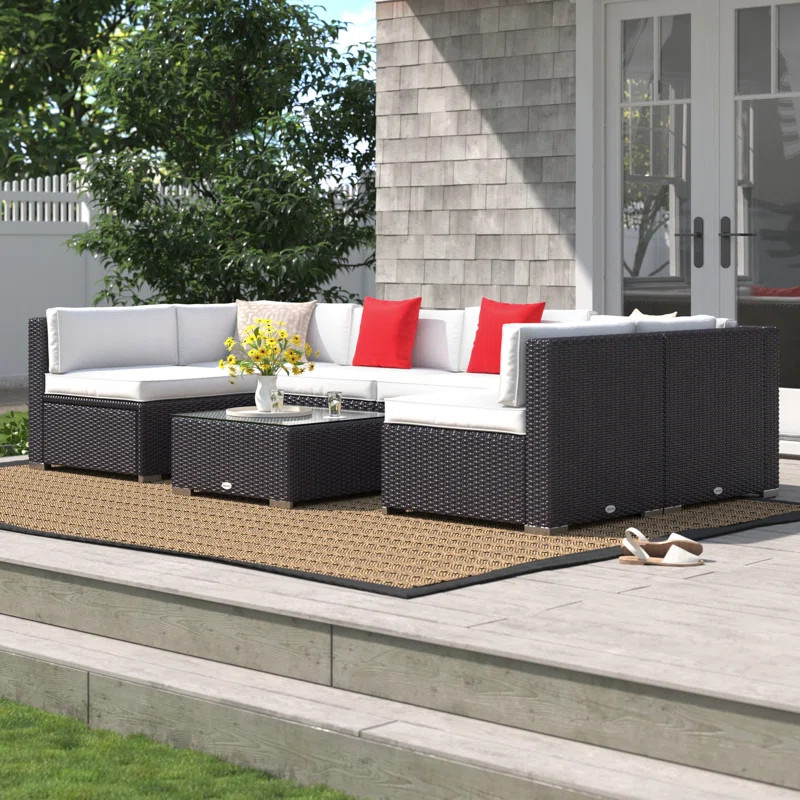 Merton 7-Piece Patio Furniture Set, Outdoor Wicker Conversation Set, All Weather PE Rattan Sectio... | Wayfair North America