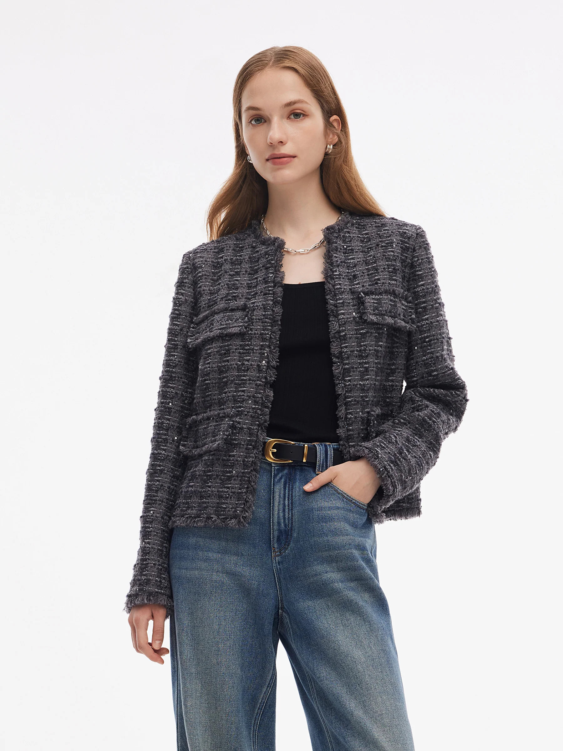 Wool Blend Sequins Tweed Women Frayed Edge Crop Jacket | GOELIA