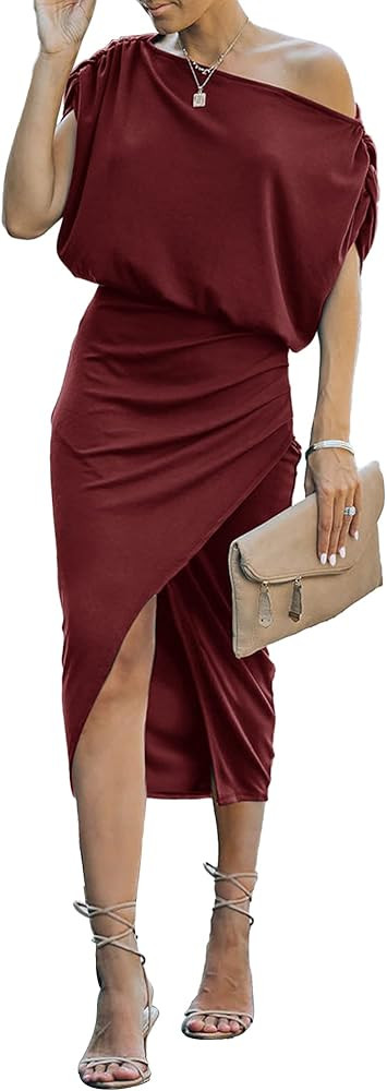Leaduty Women's Off The Shoulder Sexy Formal Cocktail Dress Ruched Front Slit Bodycon Wrap Elegan... | Amazon (US)