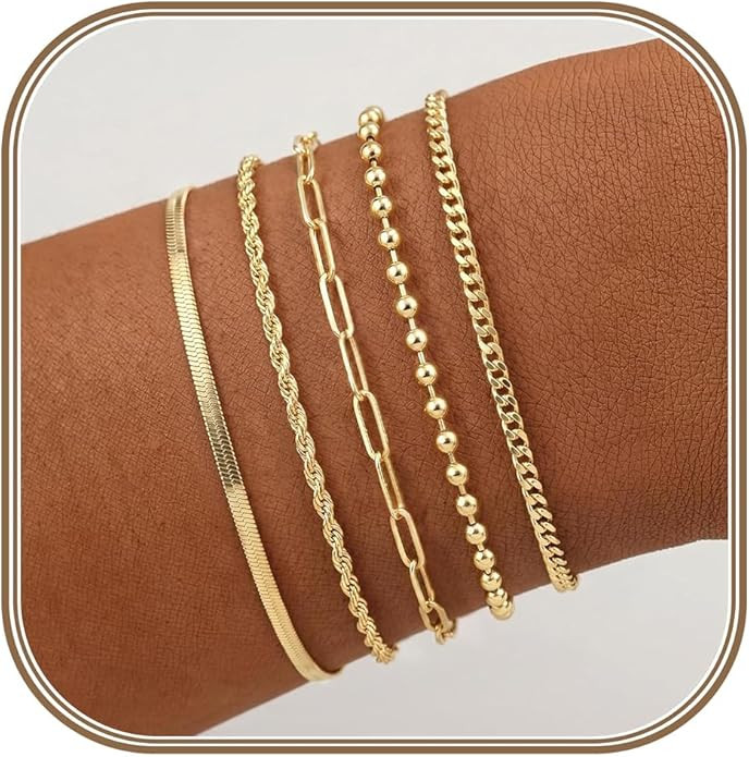 Gold Bracelets Set for Women Stack, Chunky Thick Bracelets Stack for Women Trendy, Simple Dainty ... | Amazon (US)