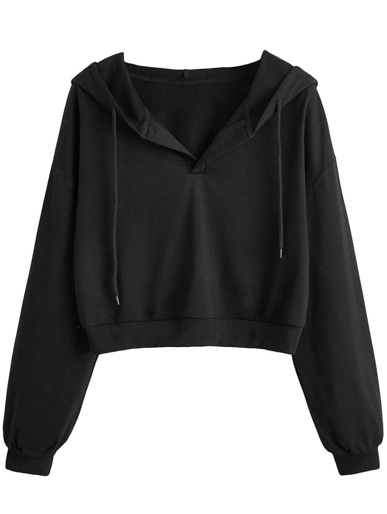 Remidoo Women's Casual Long Sleeve Crop Top Hoodies Sweatshirt With Drawsting Black Medium at Ama... | Amazon (US)