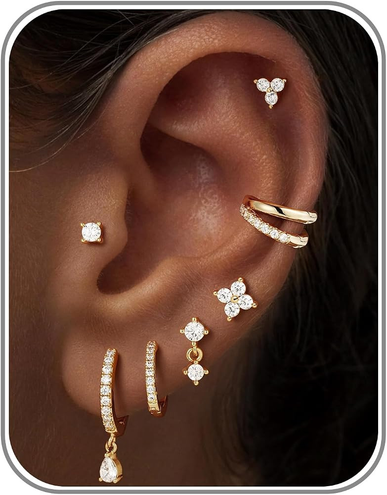 M MOOHAM Flat Back Earring Stacks for Women, Hypoallergenic 14k Real Gold Plated Hoop Stud Cartil... | Amazon (US)