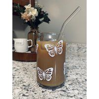16 Oz/20 Oz Boho Butterflies Beer Can Glass With Bamboo Lid & Straw, Iced Coffee Cup, Custom Soda Dr | Etsy (US)