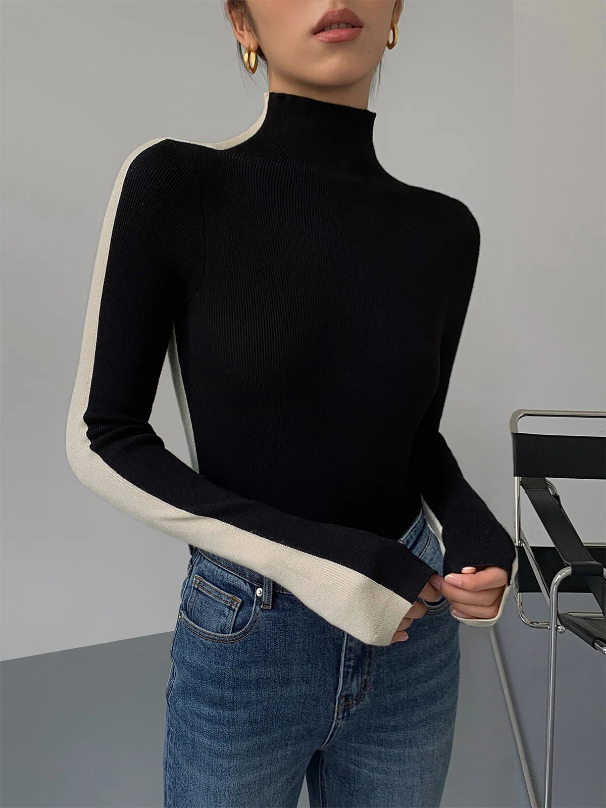 Two Tone Double Sided Long Sleeve Knit Top | Commense