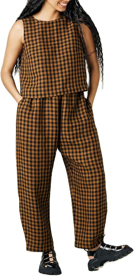Striped 2 Piece Lounge Pants Sets for Women Y2k Gingham Outfits Sleeveless Tank Top and Wide Leg ... | Amazon (US)