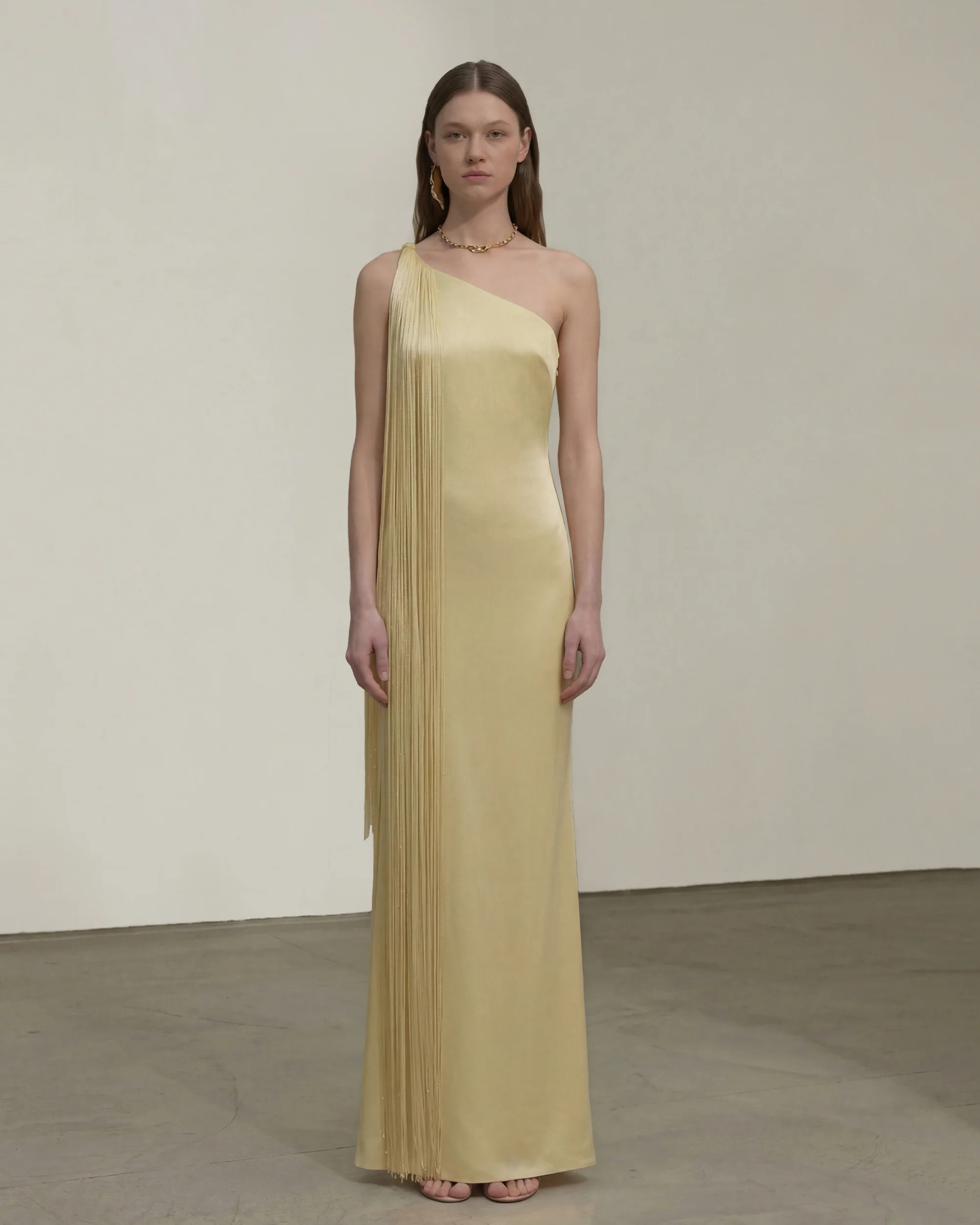 Fringe One Shoulder Maxi Dress - Champagne | JW PEI US