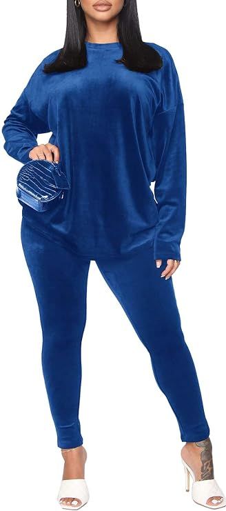 Women's 2 Piece Sweatsuit Set Tracksuit Long Sleeve Solid Velour Pullover Sport Suits Casual Suit... | Amazon (US)