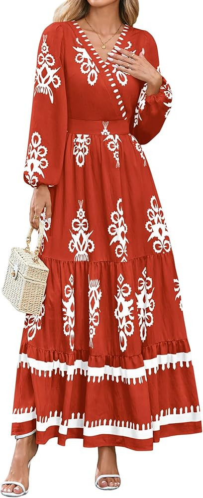 PRETTYGARDEN Women's 2025 Fall Wedding Guest Dresses Boho Floral Long Sleeve V Neck Flowy Elegant... | Amazon (US)