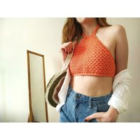 Crochet Crop Top, Handmade Summer Mini Halter Crop Boho Orange Top | Etsy (US)
