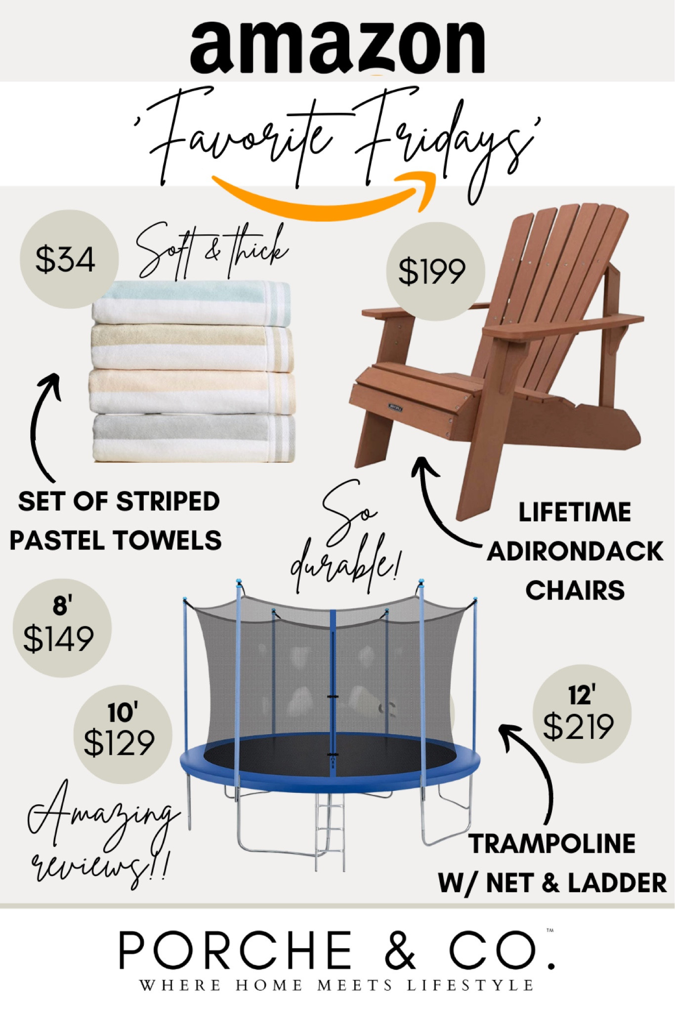 Amazon outdoor Friday Favorites // trampoline with a net, set of thick beach and pool towels and a brown durable lifetime Adirondack chair- perfect for yards and patios ☀️ 

#LTKhome #LTKswim #LTKfamily