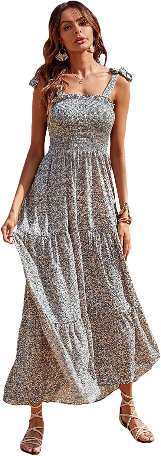 Floerns Women's Floral Print Tie Strap Square Neck Ruffle Boho Maxi Dress | Amazon (US)