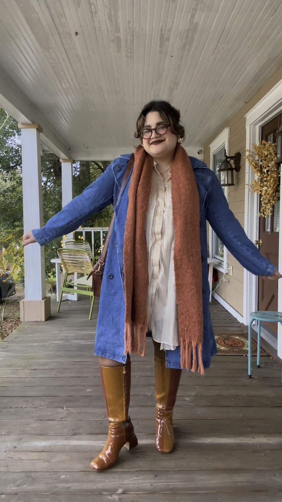 Super cute layering outfit today! Shirt dress, denim trench coat, chunky scarf (not linkable - old target), knee high boots wide calf, vegan leather messenger bag. The boots are currently under $100 at Nordstrom!!!

#LTKSaleAlert #LTKMidsize #LTKStyleTip