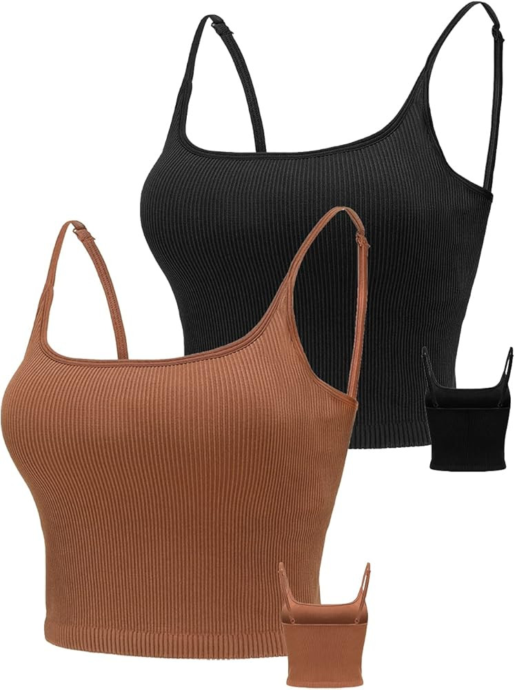KIKIWING Cropped Tank Top Longline Bralette Sports Bra Tank Top 2 Pack Brami Tops Ribbed Crop Top... | Amazon (US)