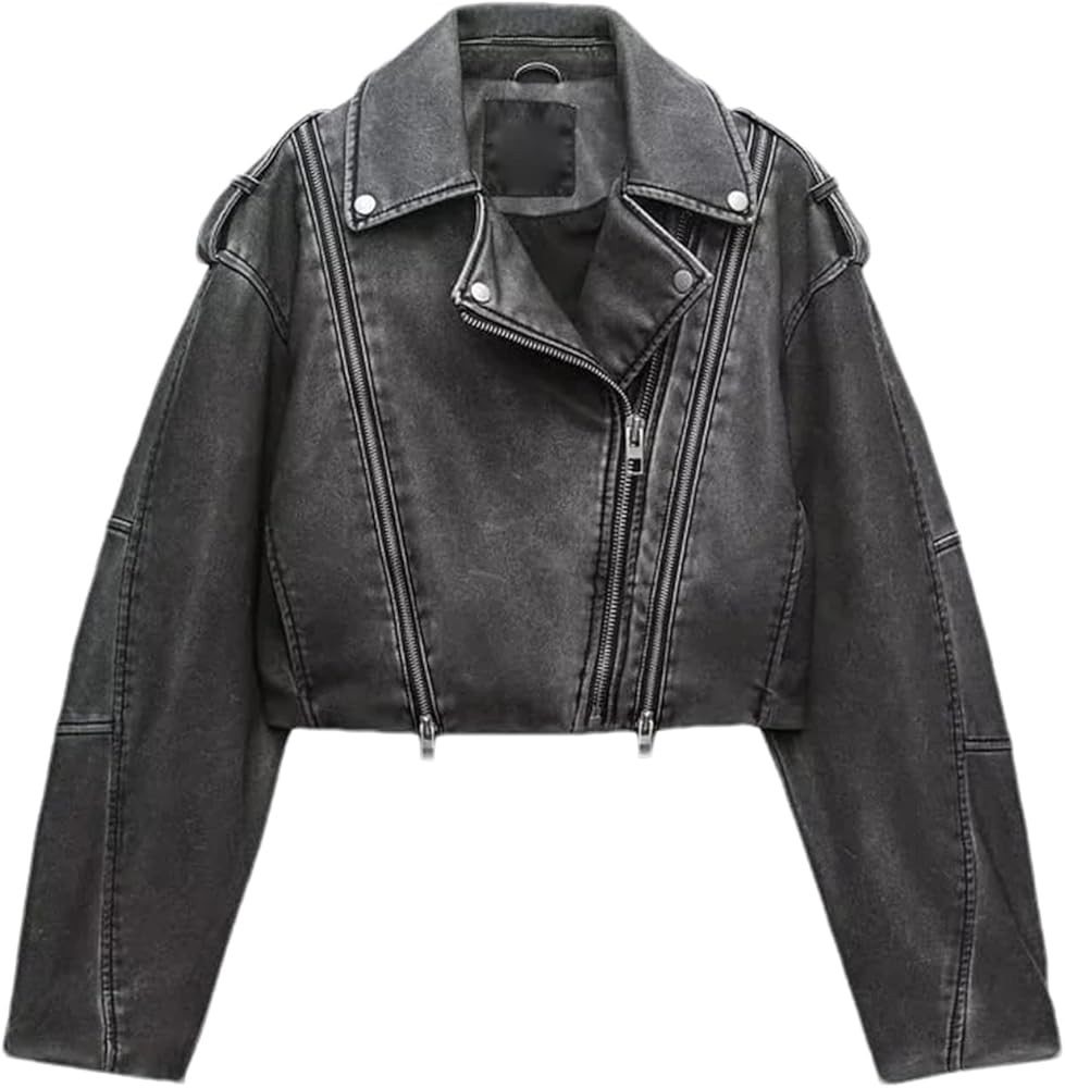 Women's Pu Leather Jacket Coats Lapel Collar Long Sleeves Distressed Faux Leather Biker Jacket Fe... | Amazon (US)